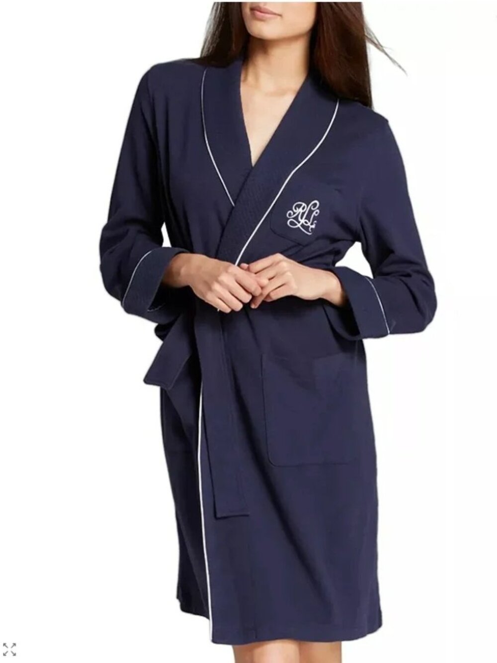 Lauren Ralph Lauren Navy Blue Piped Monogram Knit Robe Small